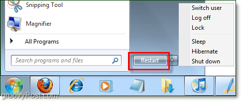 Tlačítko napájení systému Windows 7 se změněnými vlastnostmi místo toho restartuje
