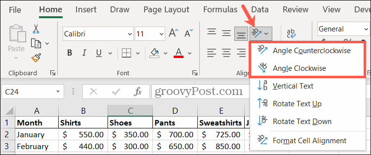 Chcete-li text otáčet, vyberte v aplikaci Excel úhel orientace