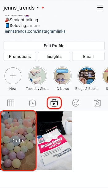 snímek obrazovky karty instagramových kotoučů v profilu, který zobrazuje zástupný symbol pro koncepty kotoučů