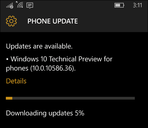 Aktualizace systému Windows 10 Mobil 10586-36