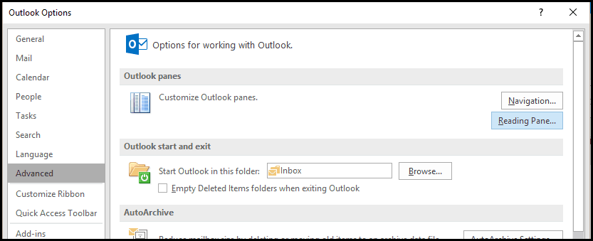 možnosti aplikace Outlook pro čtení