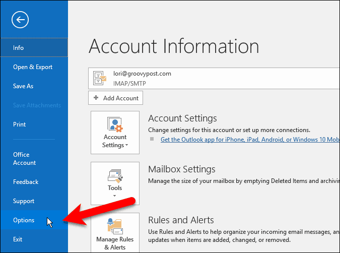 V aplikaci Outlook přejděte na Soubor> Možnosti