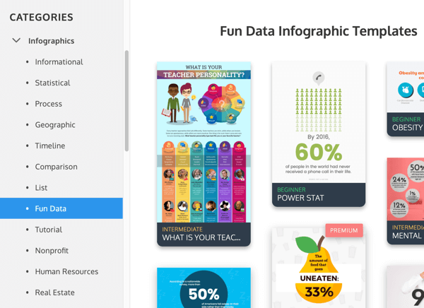 Příklady kategorií infografik Venngage v části Fun Data.