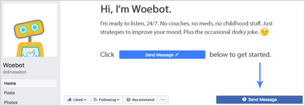 Tlačítko Odeslat zprávu na facebookové stránce Woebot.