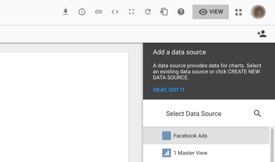 Použijte Google Data Studio k analýze svých reklam na Facebooku, krok 7, možnost výběru zdroje dat jako konektoru reklam na Facebooku