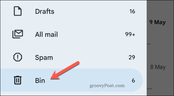 Otevření koše v Gmailu na mobilu