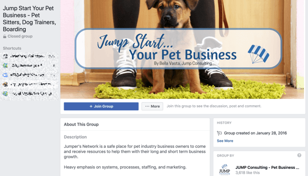 Jak používat funkce Skupiny na Facebooku, příklad skupiny pro Jump Start Your Pet Business
