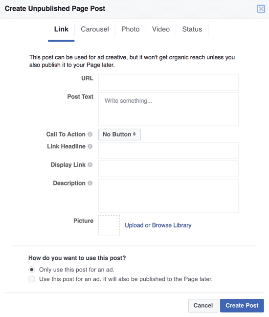 Chcete-li vytvořit tmavé příspěvky na Facebooku jako reklamy, můžete použít Power Editor a vybrat Pouze použít tento příspěvek pro reklamu.