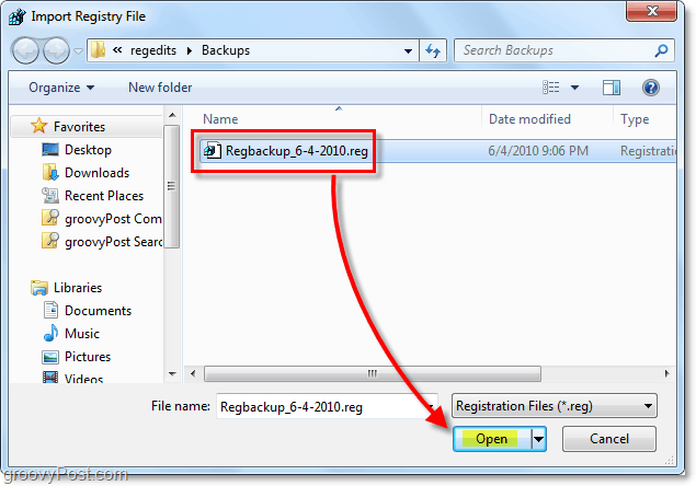 výběr obnovení registru v systému Windows 7 a Vista pro import