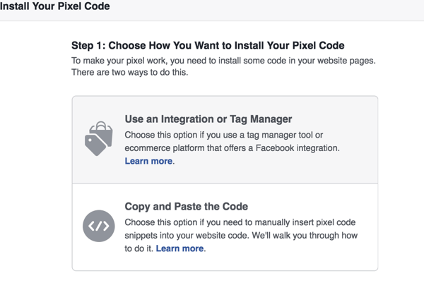Vyberte metodu, kterou chcete použít k instalaci pixelu na Facebooku.