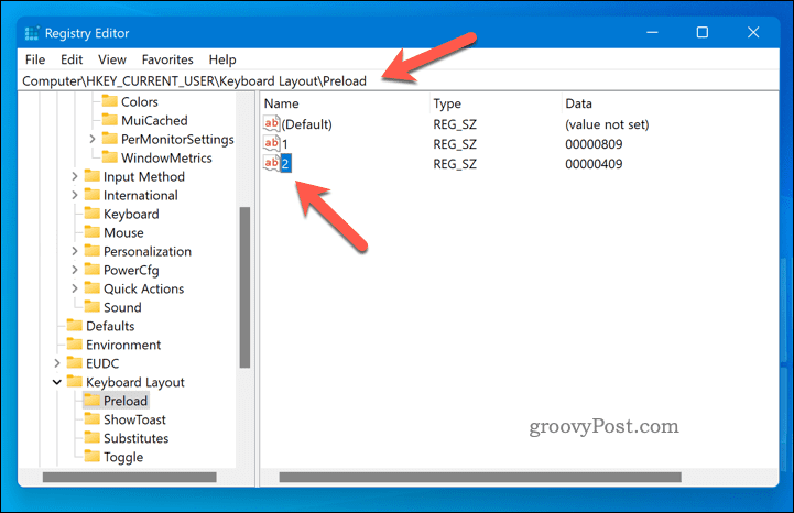 Odstraňte rozložení klávesnice pomocí regedit ve Windows 11