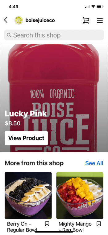 příklad nakupování produktů instagramu od @boisejuiceco ukazující šťastnou růžovou za 8,50 $ a méně z toho v obchodě se objevuje pravidelná mísa s bobulemi a mocná pravidelná mísa s mangem spolu s možností prohledávat obchod