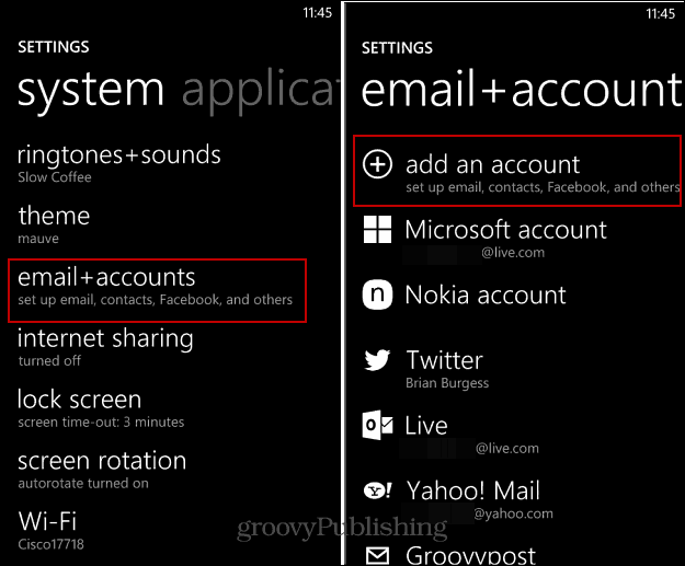 Jak nastavit e-mailové a sociální účty v systému Windows Phone