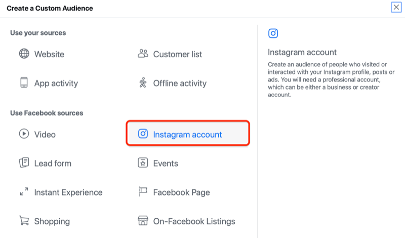 správce reklam na Facebooku vytvoří vlastní nabídku publika se zvýrazněnou možností účtu Instagram