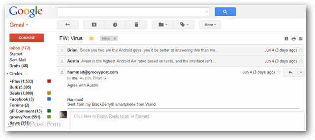 zobrazení konverzace s vlákny gmail