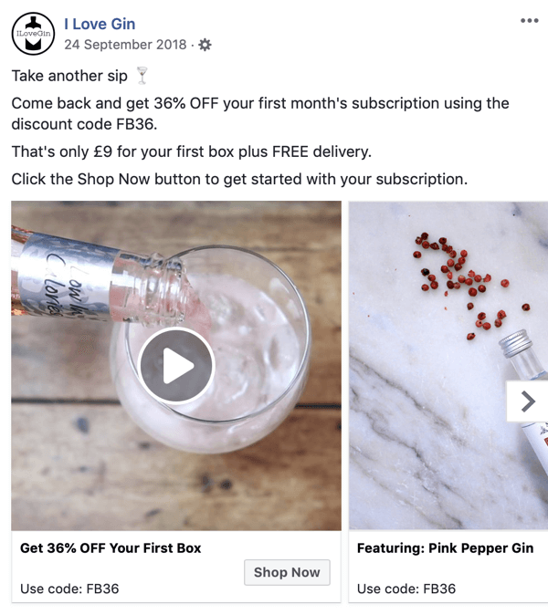 Jak vytvořit reklamy s dosahem na Facebooku, krok 8, příklad kreativní reklamy od I Love Gin
