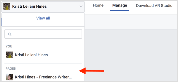 Chcete-li pro svou událost vytvořit rámec na Facebooku, přejděte na Manage Effects a vyberte svou stránku na Facebooku.