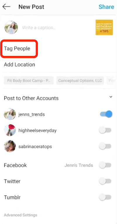 instagram možnost nového příspěvku k označení lidí