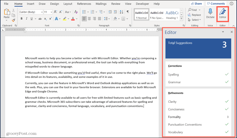 Microsoft Editor ve Wordu pro Windows