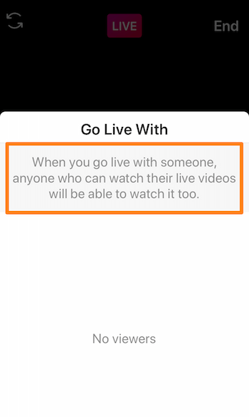 snímek obrazovky služby Instagram Live zobrazující zprávu: Když budete s někým žít, bude jej moci sledovat také kdokoli, kdo může sledovat jeho živá videa.