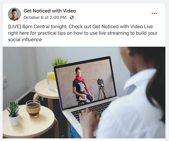 post by @getnoticedwithvideo as to a live live event at 6pm central where they discuss praktické tipy on how to use live streaming to build your social impact