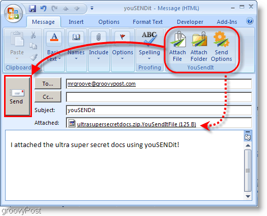 YouSendIt tlačítka na pásu karet aplikace Outlook 2007