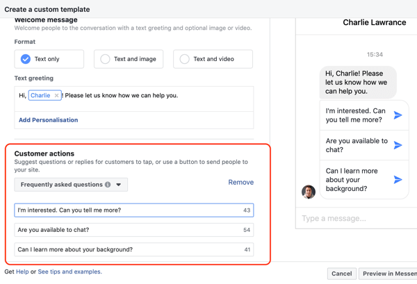 Jak převést návštěvníky webových stránek pomocí reklam Facebook Messenger, krok 4, příklad kopírování akcí zákazníků