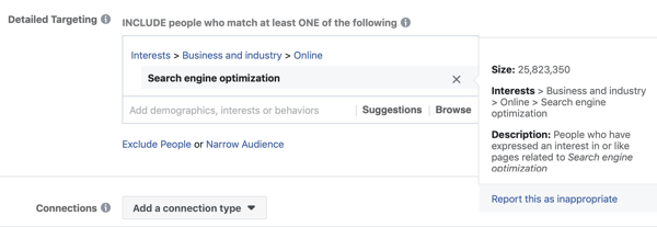 Příklad standardního facebookového cílení na zájem Optimalizace pro vyhledávače, která má za následek příliš velké publikum, 25 milionů.