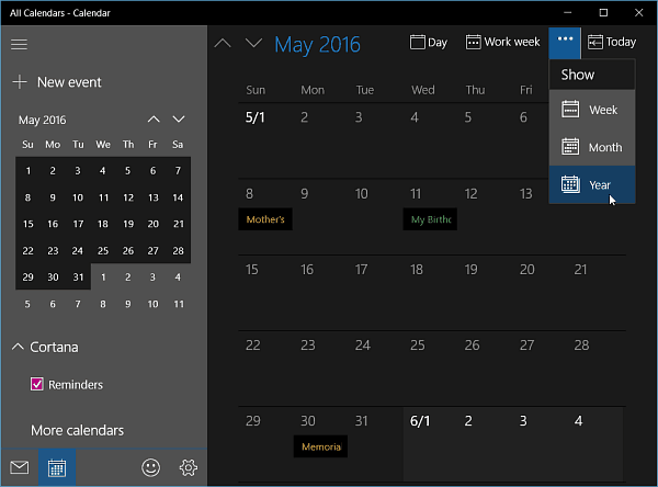 Aplikace Kalendář pro Windows 10 Insider Build 11099 získává roční zobrazení