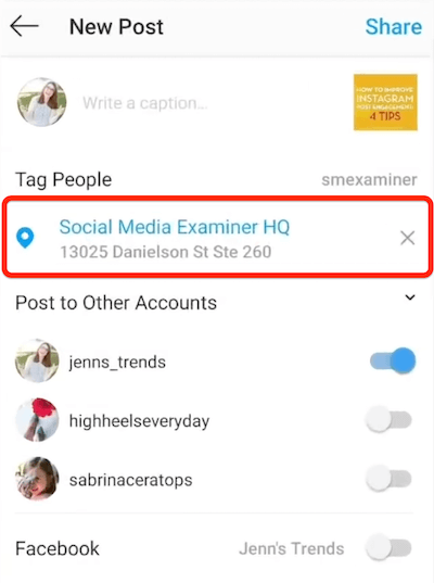 instagram možnost nového příspěvku zobrazující místo vybrané pro označování