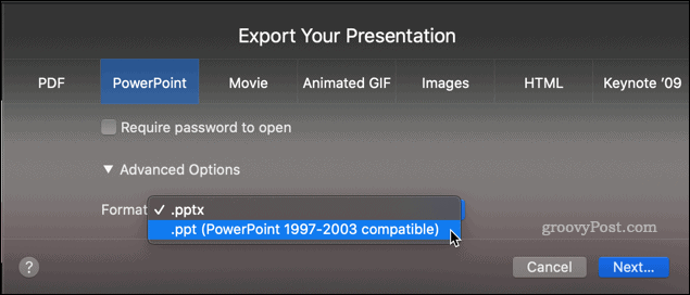 Export prezentace Keynote jako souboru PPT