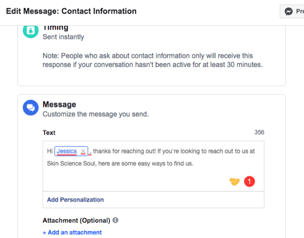 screenshot nastavení rozhraní pro Facebook Messenger Kontaktní informace automatická odpověď