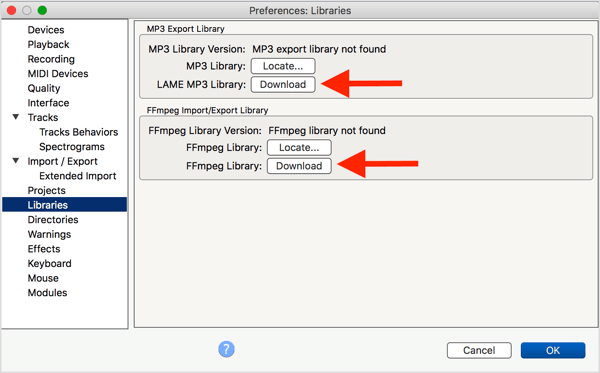 Nainstalujte volitelný kodér LAME MP3 a knihovnu FFmpeg pomocí Audacity.