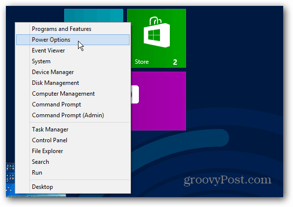Nabídka napájení Windows 8 Úvodní obrazovka