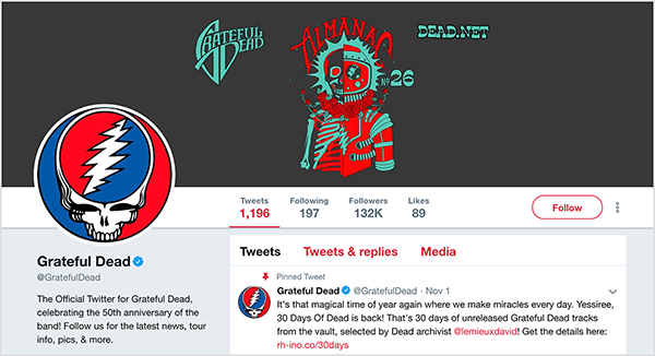 Toto je snímek obrazovky stránky Grateful Dead na Twitteru. Titulní fotka má černé pozadí a červenou a tyrkysovou ilustraci osoby, která je napůl kostrou a napůl astronautem. Profilová fotka je logo Grateful Dead, což je kruh napůl modrý a napůl červený. Uvnitř kruhu je bílá lebka. V oblasti mozku lebky je další kruh, který je napůl červený a napůl modrý a bílý blesk tučně rozděluje kruh na dvě části. Seth Godin říká, že koncerty Grateful Dead nabídly zážitek, který odráží principy důvěry a napětí, o nichž pojednává ve své nové knize o marketingu.
