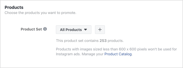 Klikněte na znaménko + v sekci Produkty na úrovni reklamy vaší kampaně na Facebooku.