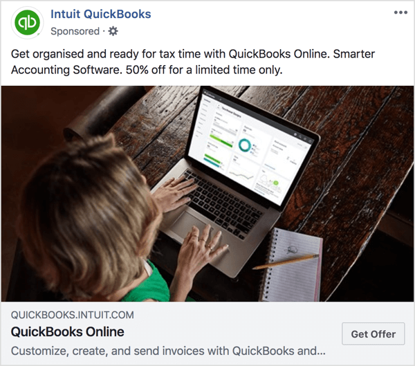 V této reklamě a vstupní stránce Intuit QuickBooks si všimněte, že barevné tóny a nabídka jsou konzistentní.