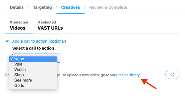 Možnosti pro nastavení výzvy k akci pro vaše video hostované na Twitteru pro vaši reklamu na Twitteru na videu (před videem).