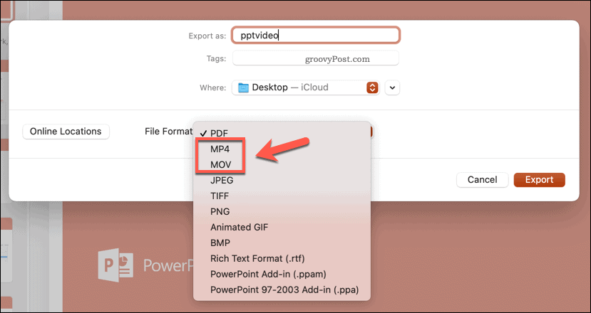 Výběr formátu exportovaného souboru v PowerPointu na Macu