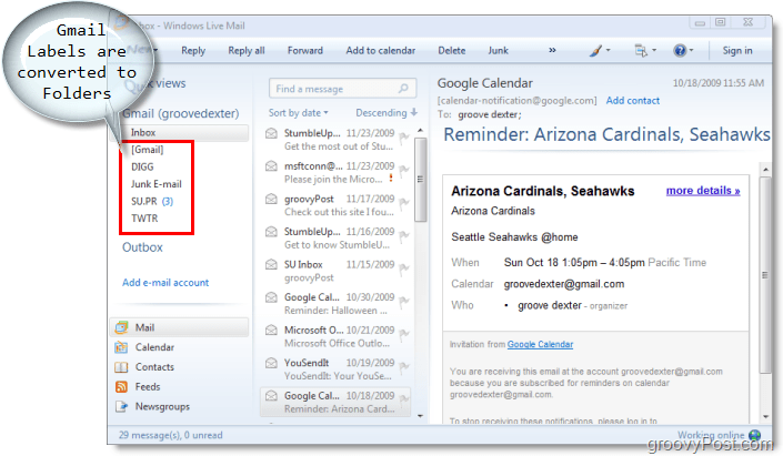 e-mailový klient pro Windows Live Mail, gmail štítky jsou převedeny do složek v Windows Live Mail