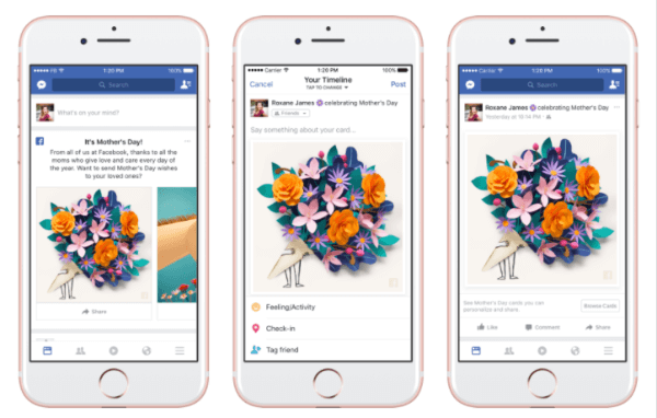 Facebook zavedl personalizované karty, tematické masky a rámečky ve fotoaparátu Facebook a dočasnou „vděčnou“ reakci na počest Dne matek.