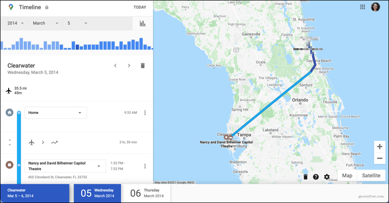 Podrobnosti cesty na časové ose Map Google