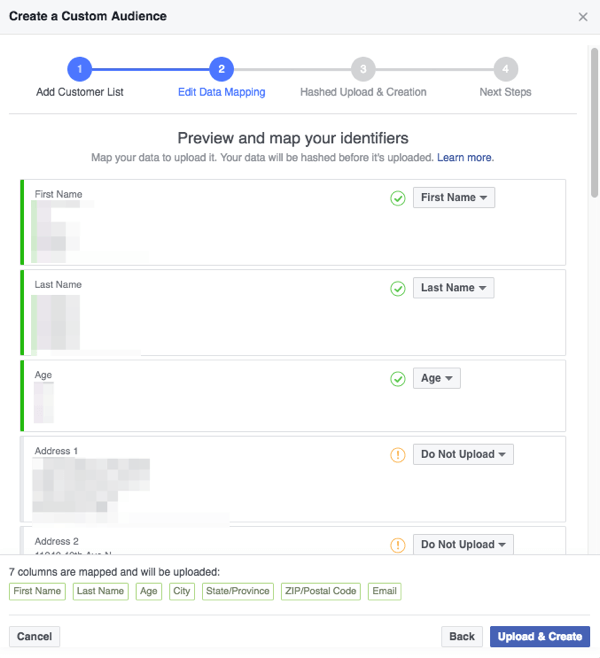 Ujistěte se, že pole, která Facebook detekuje ve vašem souboru CSV, jsou správně namapována na kategorie, kterým Facebook rozumí.