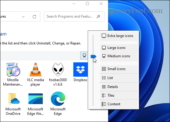 Ovládací panel pro změnu velikosti ikony aplikace Windows 11