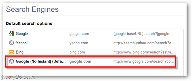 Google Chrome výchozí možnosti vyhledávání