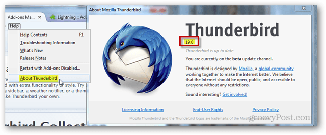 najděte verzi Thunderbird