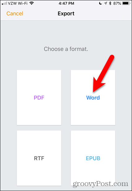Klepněte na Word in Pages pro iOS