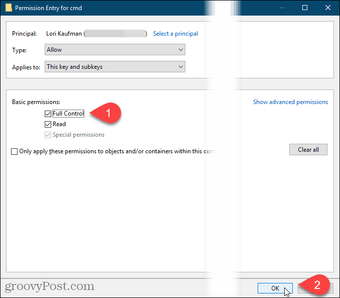 Zkontrolujte úplnou kontrolu a klepněte na tlačítko OK v dialogovém okně Zadání oprávnění v registru systému Windows