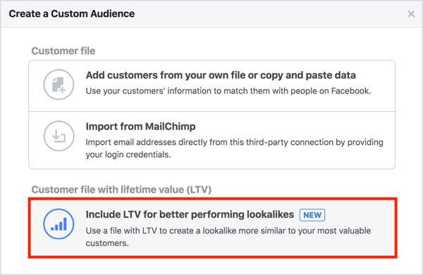 Při vytváření vlastního publika ze seznamu zákazníků vyberte možnost Zahrnout LTV pro lepší výkon. 