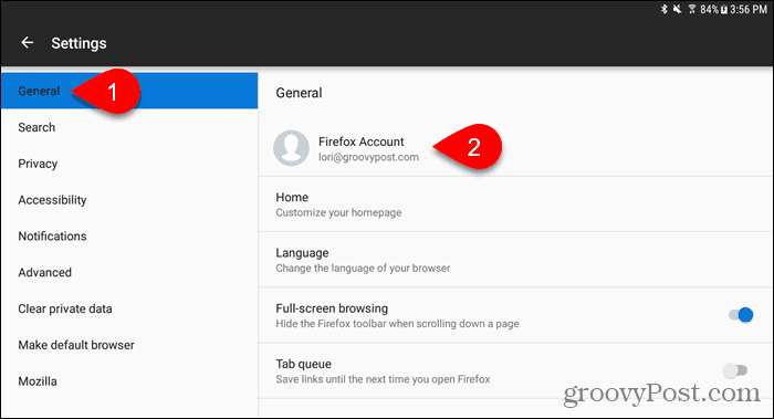 Klepněte na účet Firefox v prohlížeči Firefox pro Android
